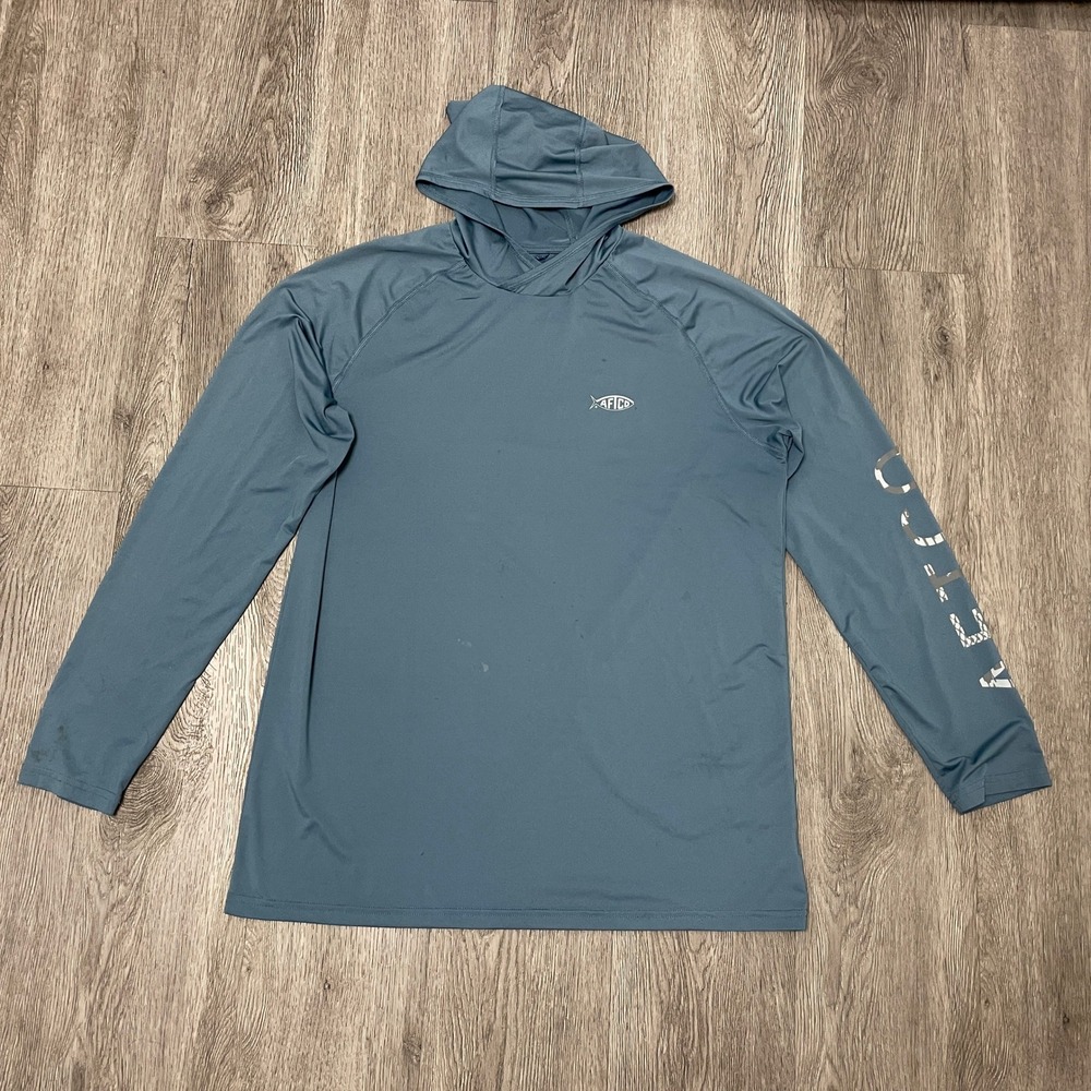 AFTCO Fishing Hoodie Mens Large Blue Long Sleeve Sun Shirt Performance PO 57697